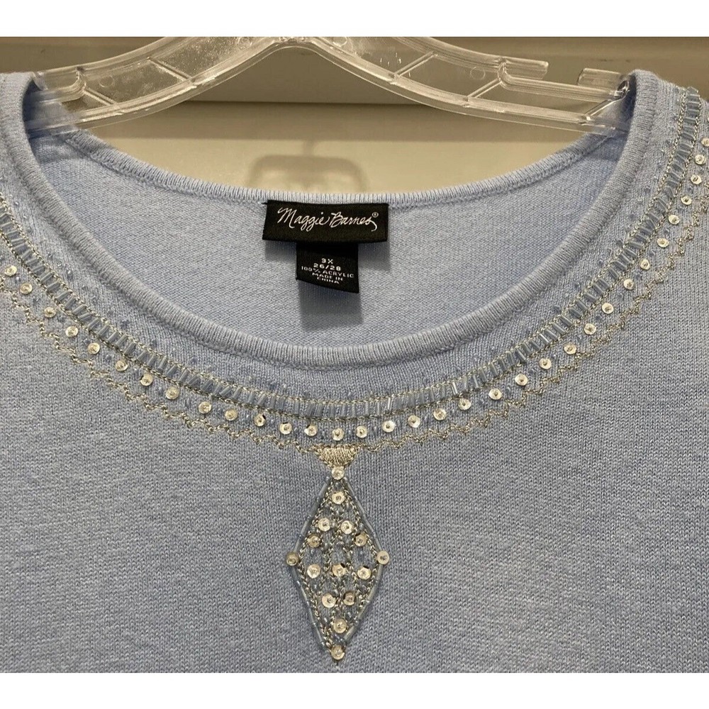 Maggie Barnes Sweater Womens SZ 3X Pullover Soft Blue Beaded Sequined 3/4 Sleeve